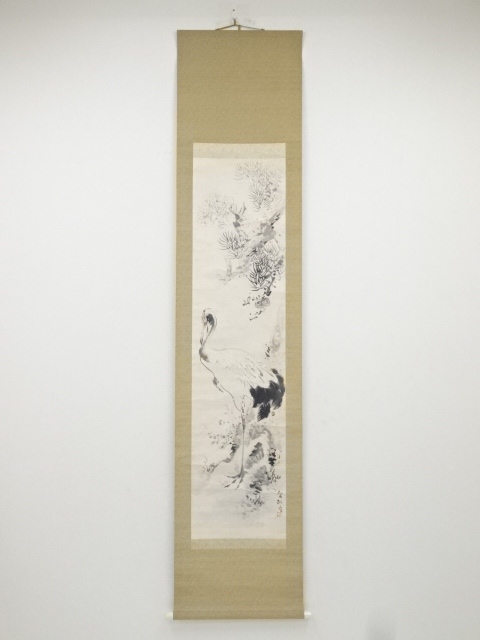 JAPANESE HANGING SCROLL / HAND PAINTED / PINE & CRANE (1936)